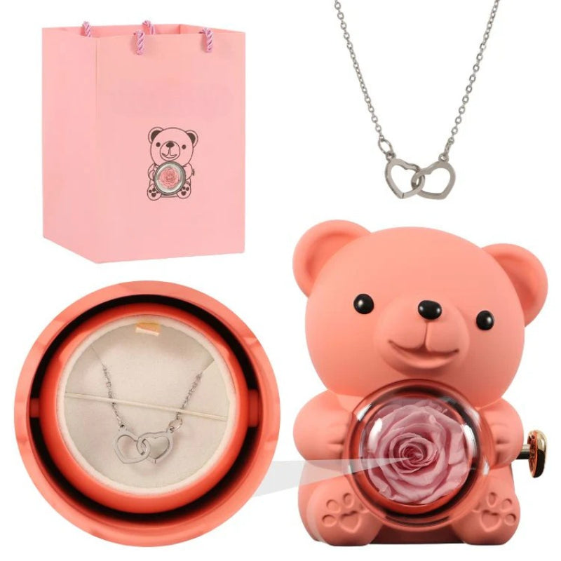 Personalized Rose Bear With Engraved Necklace Charm