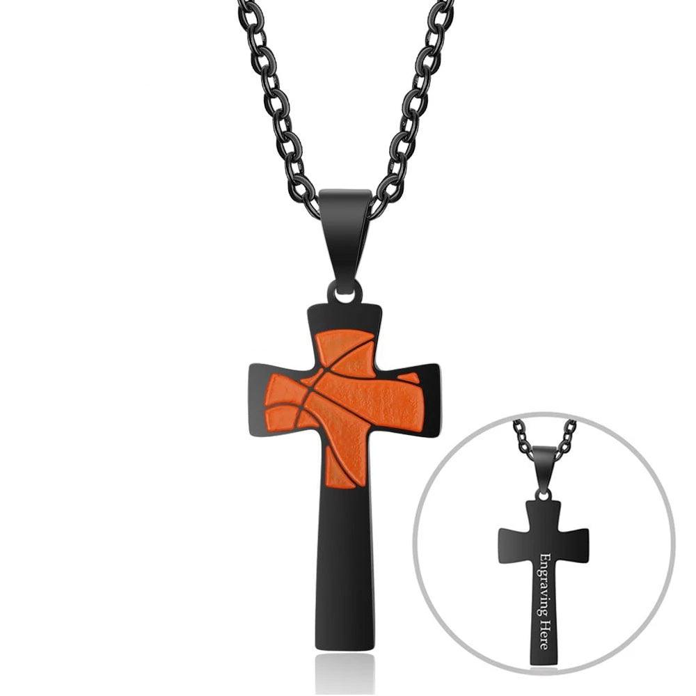 Basketball Pattern Cross Shape Personalized Pendant Necklace - Ashley Jewels