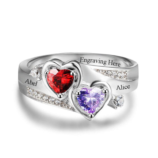 Personalized 925 Sterling Silver Ring - Custom Heart Birthstone - Engrave Custom Names - Customized Gift - Ashley Jewels