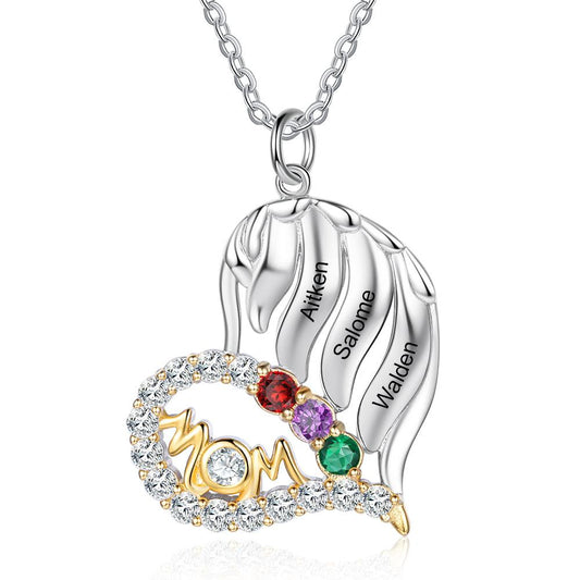 Personalized MOM Heart Silver Pendant Necklace - Three Custom Names & Birthstones - Ashley Jewels