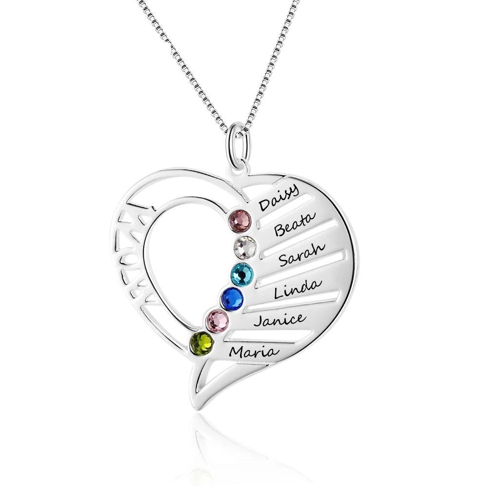 Personalized Sterling Silver Pendant Necklace - Six Custom Names & Birthstones - Heart Shaped Pendant - Customized Gifts - Ashley Jewels