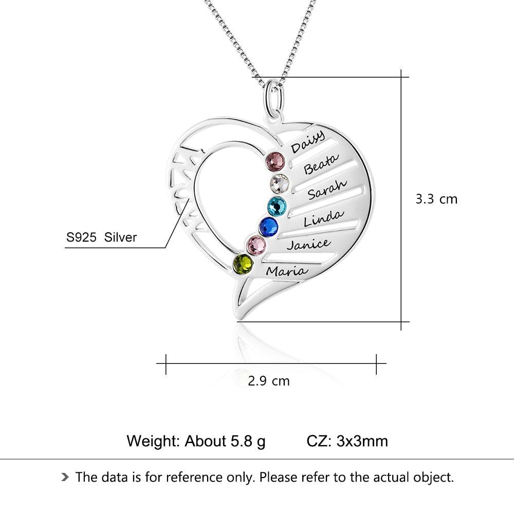 Personalized Sterling Silver Pendant Necklace - Six Custom Names & Birthstones - Heart Shaped Pendant - Customized Gifts - Ashley Jewels