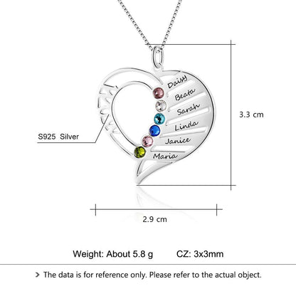 Personalized Sterling Silver Pendant Necklace - Six Custom Names & Birthstones - Heart Shaped Pendant - Customized Gifts - Ashley Jewels