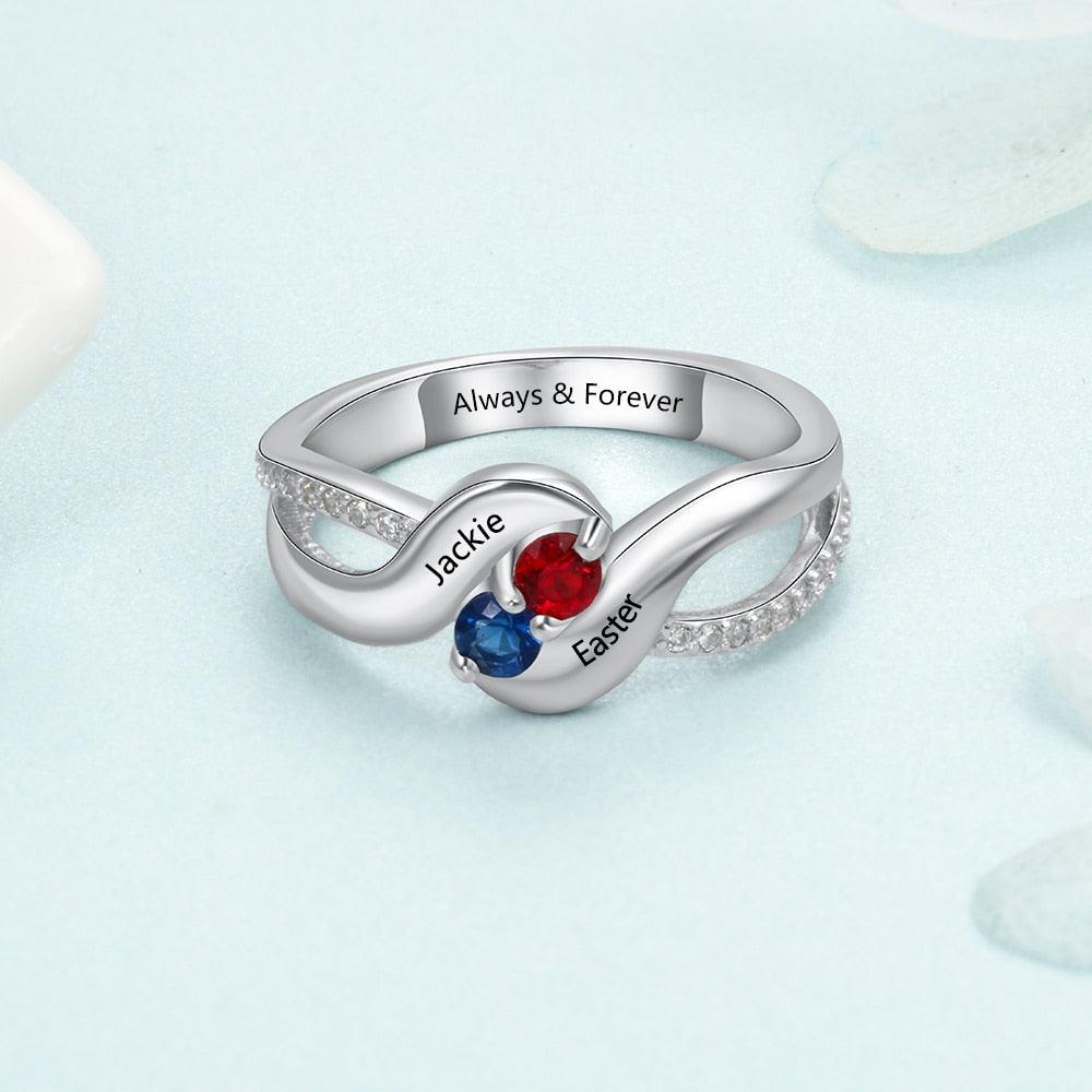 Personalized Sterling Silver Ring - Engrave One Special Phrase, Two Custom Names & Two Custom Birthstones - Women’s Fashion Jewelry - Ashley Jewels