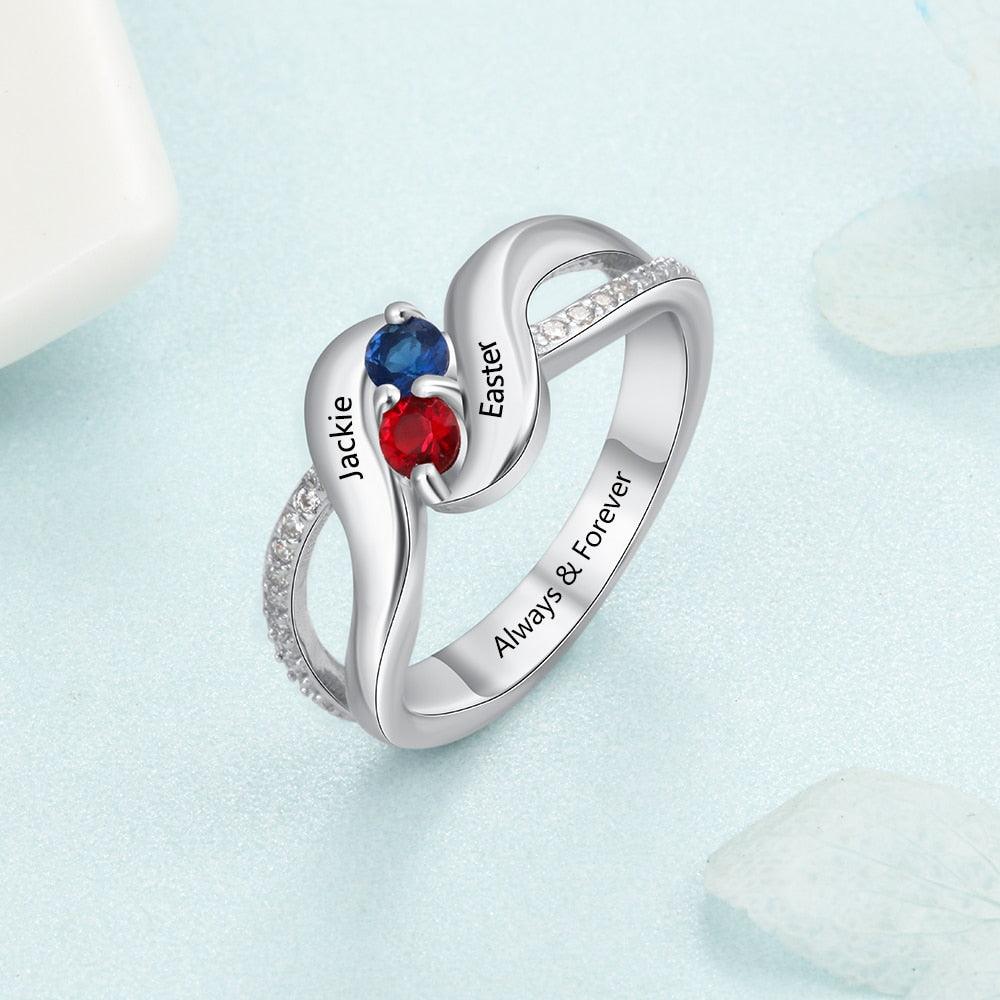 Personalized Sterling Silver Ring - Engrave One Special Phrase, Two Custom Names & Two Custom Birthstones - Women’s Fashion Jewelry - Ashley Jewels