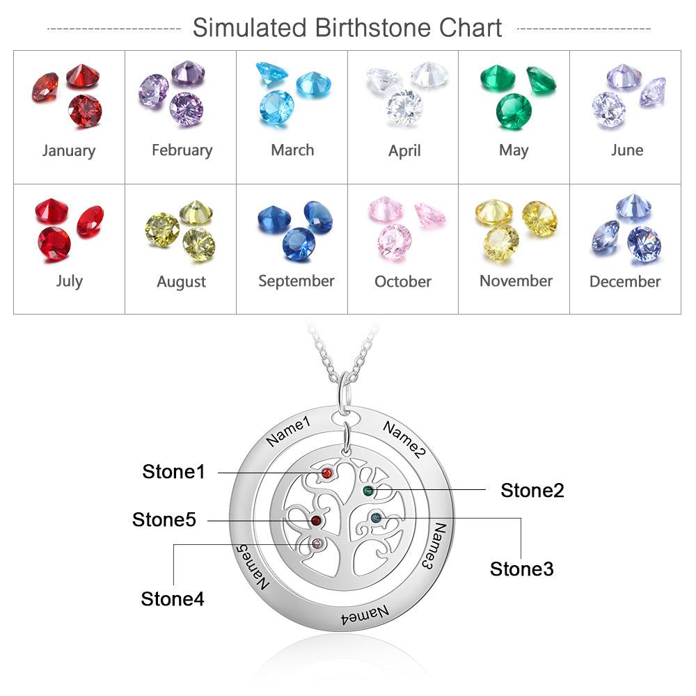 Personalized Tree of Life Necklace - Stainless Steel - Five Custom Names - Five Custom Birthstones - Customized Gifts - Ashley Jewels