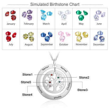 Personalized Tree of Life Necklace - Stainless Steel - Five Custom Names - Five Custom Birthstones - Customized Gifts - Ashley Jewels