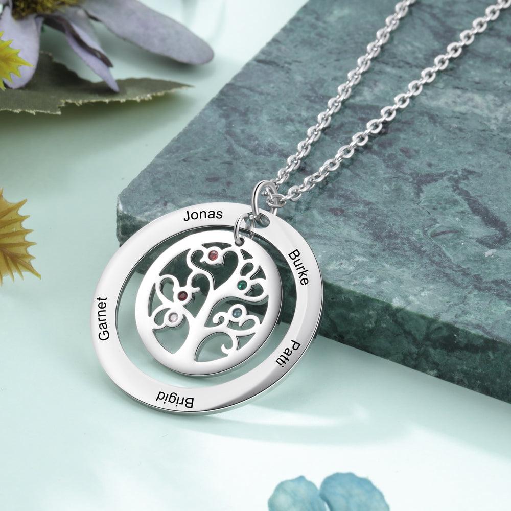 Personalized Tree of Life Necklace - Stainless Steel - Five Custom Names - Five Custom Birthstones - Customized Gifts - Ashley Jewels