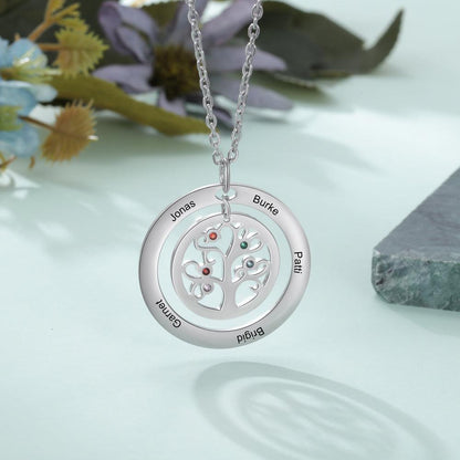 Personalized Tree of Life Necklace - Stainless Steel - Five Custom Names - Five Custom Birthstones - Customized Gifts - Ashley Jewels