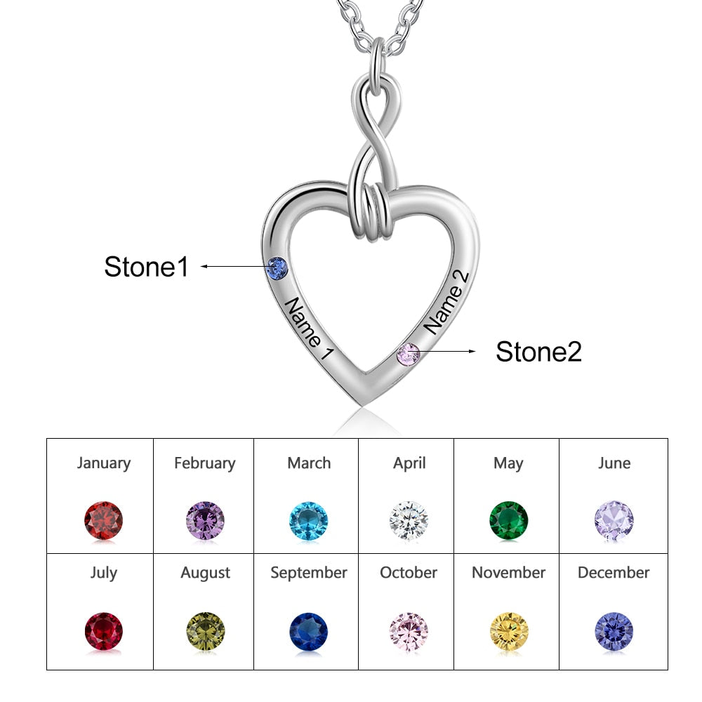 Customized Couple Name Necklace with 2 Birthstones Personalized Engraving Infinity Heart Necklace Valentines Day Gifts