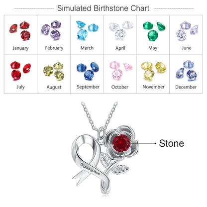 Personalized 12 Colors Birthstone Rose Flower Leaves Necklace Customized Engraving Pendant Necklace Valentines Day Gift