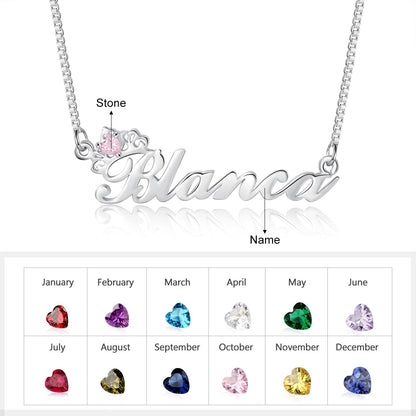 Crown Nameplate Necklace with Personalized Birthstone