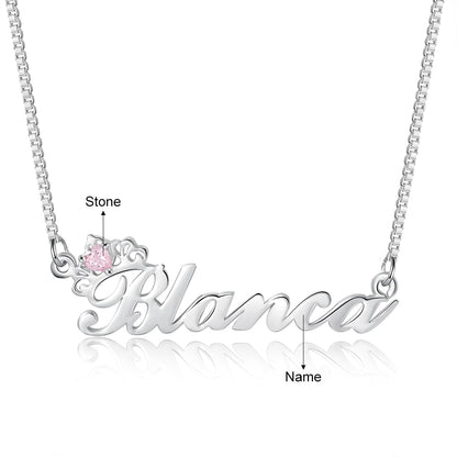 Crown Nameplate Necklace with Personalized Birthstone