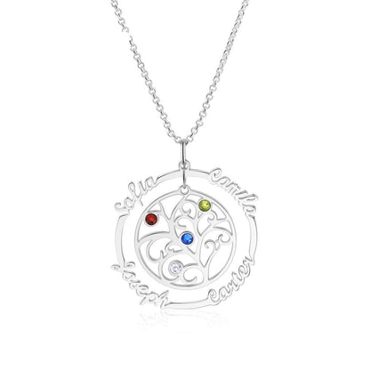 Sterling Silver Personalized Family Tree Necklace with 4 Birthstones Custom Name Pendant Jewelry Mothes Day Gifts