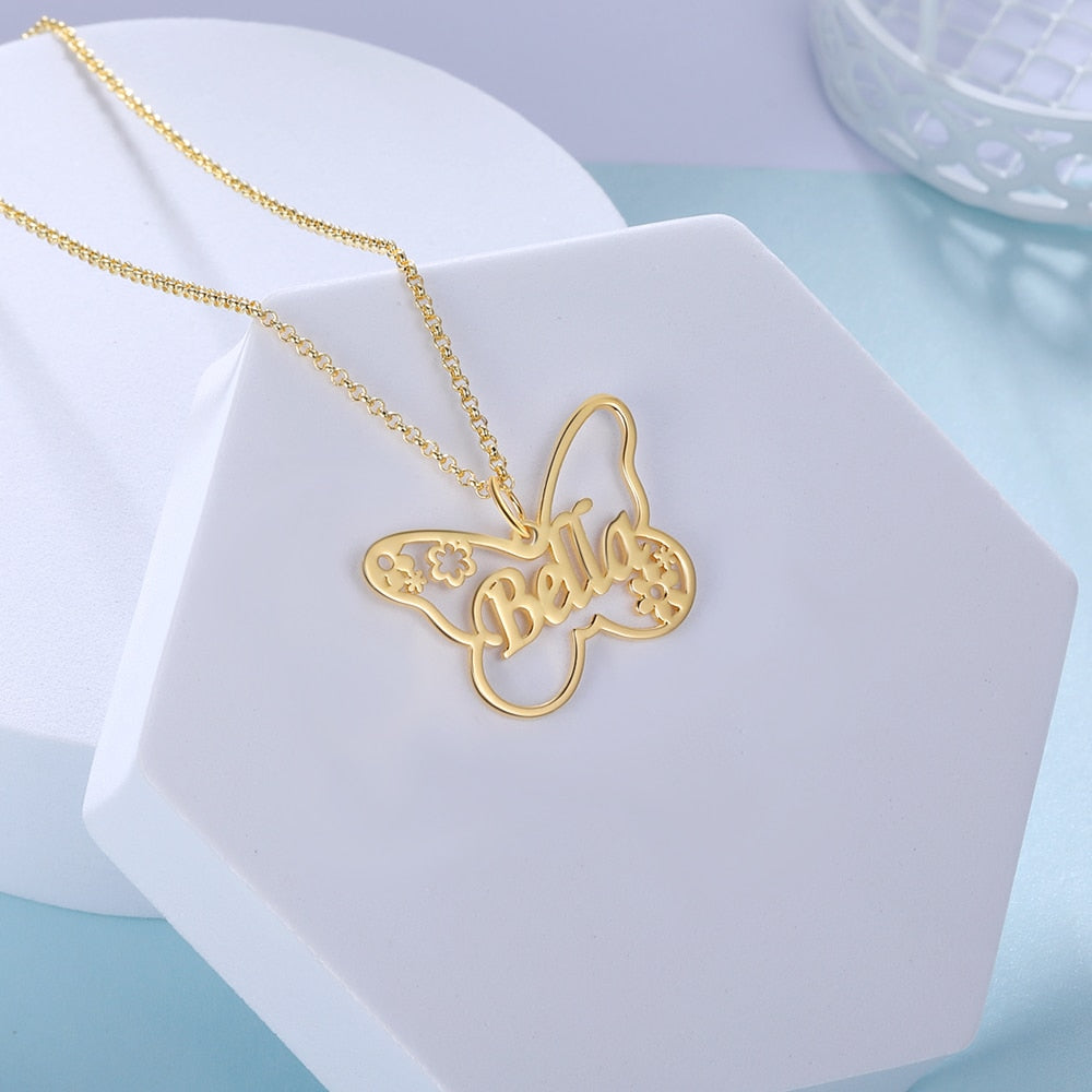 Sterling Silver Butterfly Nameplate Necklace with Flowers