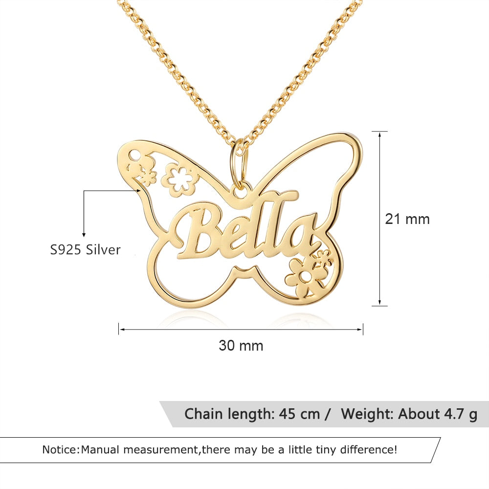 Sterling Silver Butterfly Nameplate Necklace with Flowers