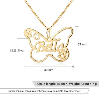 Sterling Silver Butterfly Nameplate Necklace with Flowers