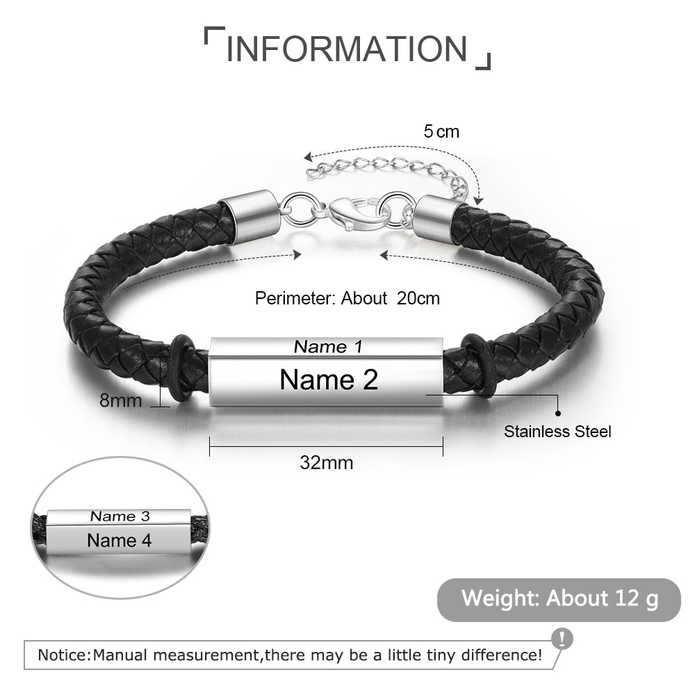 Stainless Steel Personalized Engraving Name Bar Bracelet 4 Side Custom Black Leather Bracelet for Men Fathers Day Gift