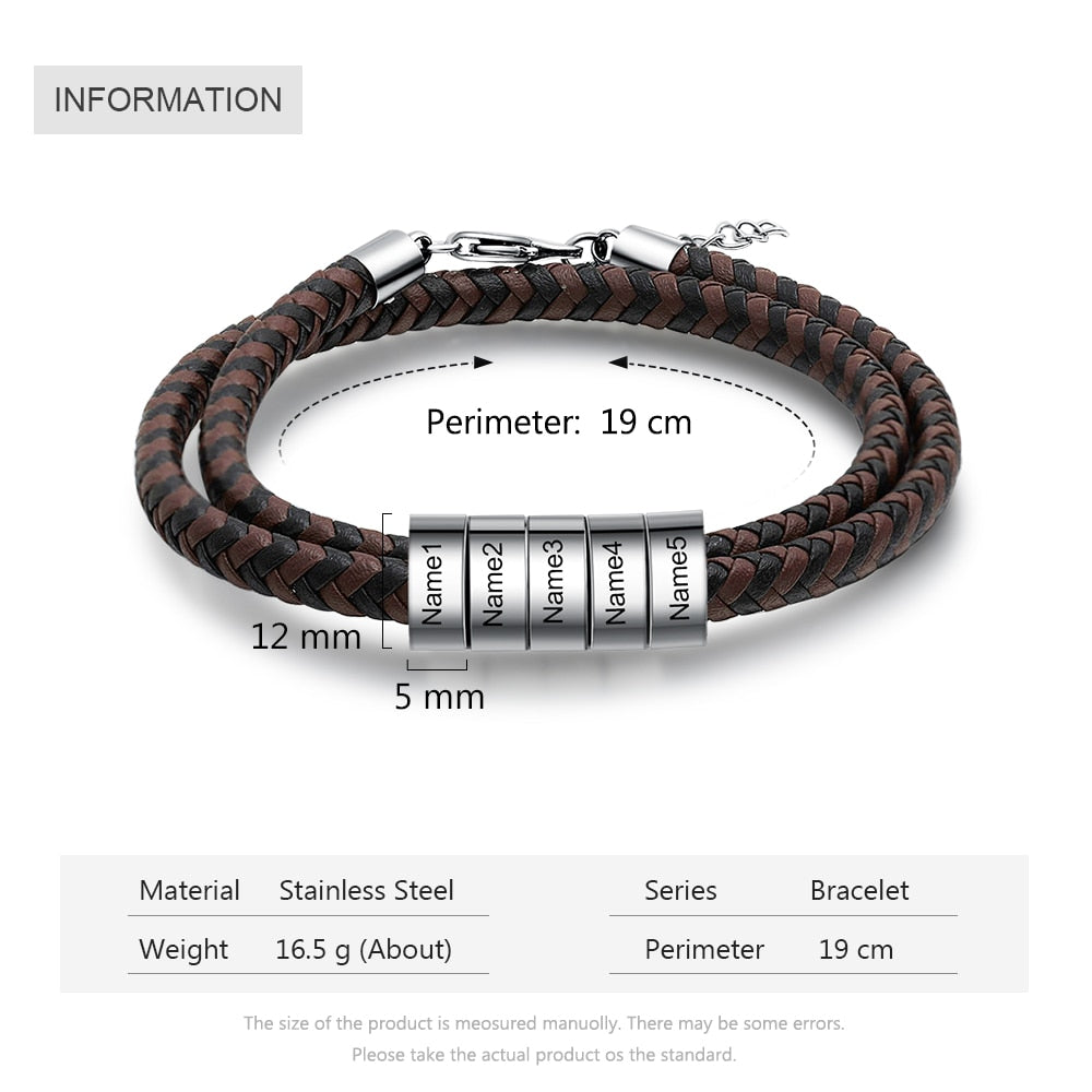 Personalized Engraving Black Brown Braided Leather Bracelet - Custom Name Bead Bracelets for Men, Father's Day Gift