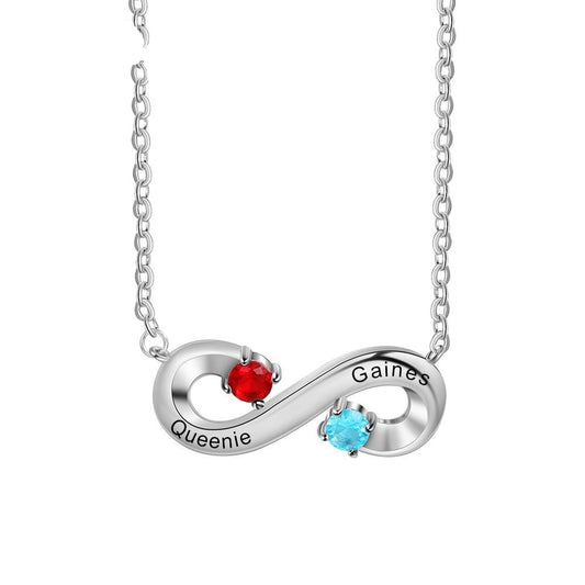 Sterling Silver Personalized Infinity Necklace with 2 Birthstones Custom Engraved Name Mother Necklace Gift for Her