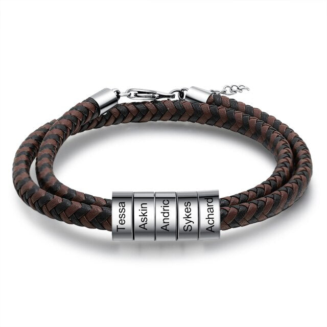 Personalized Engraving Black Brown Braided Leather Bracelet - Custom Name Bead Bracelets for Men, Father's Day Gift