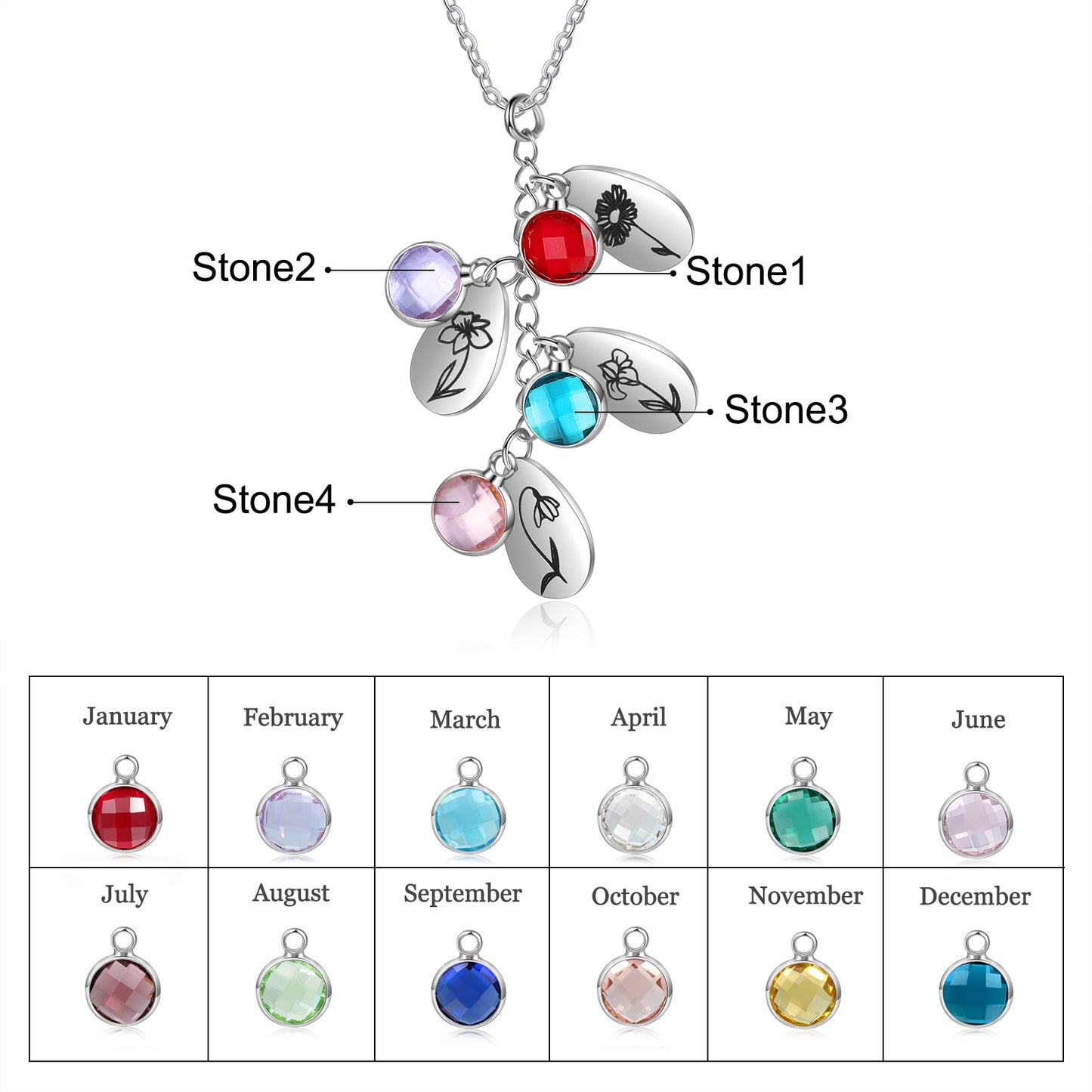 New Personalized Birth Flower Pendant Jewelry Customized 4 Birthstones Water Drop shaped Necklaces for Women Gifts