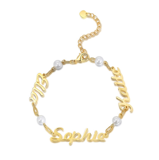 Customized 3 Names Adjustable Chain Bracelet with Pearl Personalized Nameplate Bracelets for Family Gifts