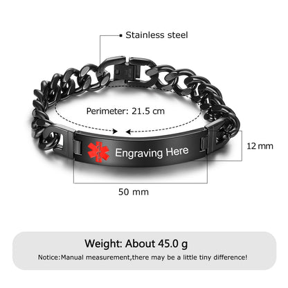 Personalized Free Engraving Emergency Medical Bracelets for Men 3 Colors Stainless Steel Link Chain Alert ID Bracelets & Bangles