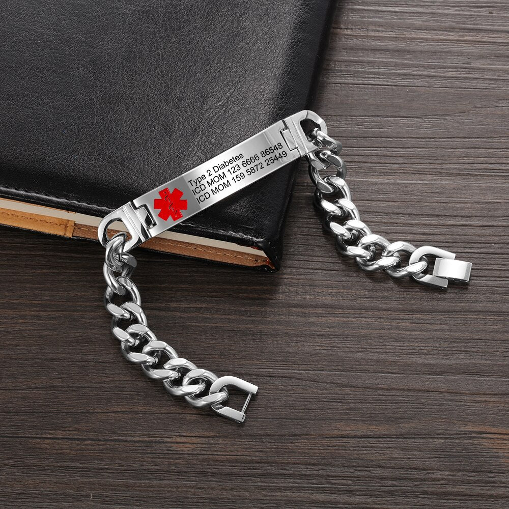 Personalized Free Engraving Emergency Medical Bracelets for Men 3 Colors Stainless Steel Link Chain Alert ID Bracelets & Bangles