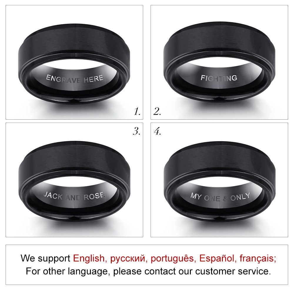 Engrave Name Rings for Men Black Stainless Steel Ring Fashion Male Jewelry Gift for Husbands